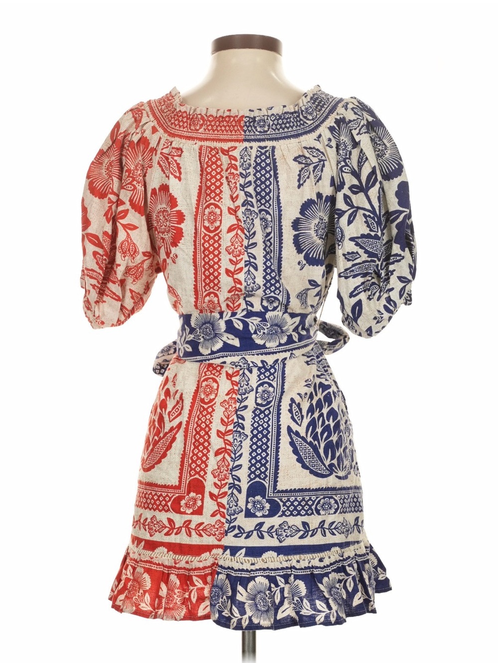 Farm Rio Floral Split-Color Cotton Dress with Belt - Blue & Red - Picture 2 of 8